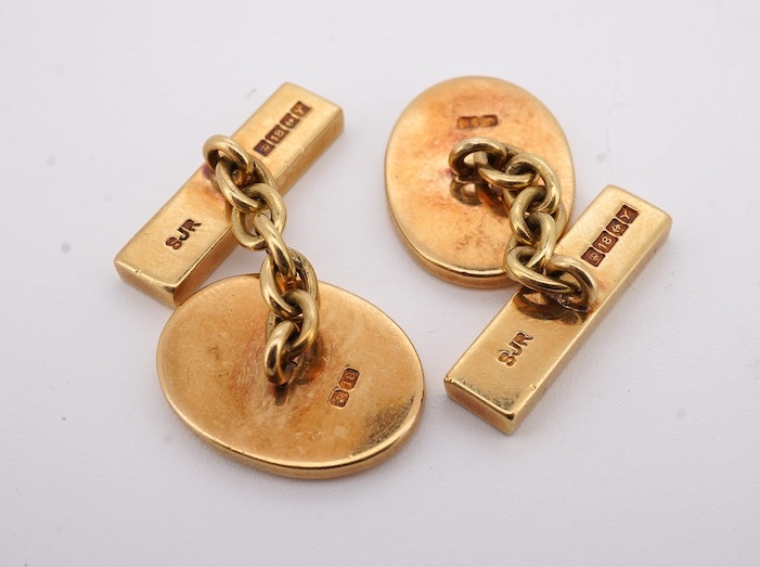 A pair of Elizabeth II 18ct gold oval cufflinks, engraved with lion's head crest, S.J. Rose & Son, Birmingham, 1973, 22 grams. Condition - fair